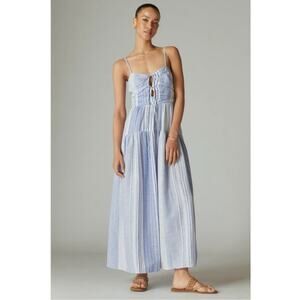 Lucky Brand Blue White Striped Cut-Out Midi Dress‎ Size X Large Nautical Pockets